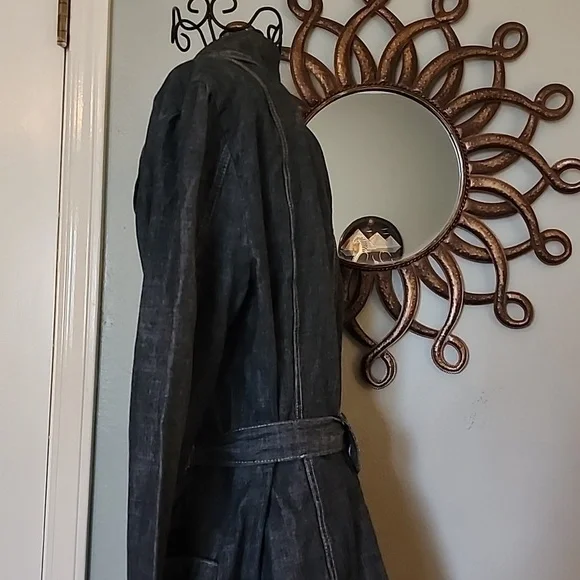 French Cuff Blue Demin Jeans Cotton Belt Pocket Trench Coat Jacket Women's Sz L - Picture 7 of 9